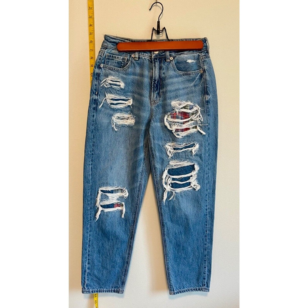 American Eagle Outfitters Distressed Blue Straight Leg Jeans with Plaid Patch